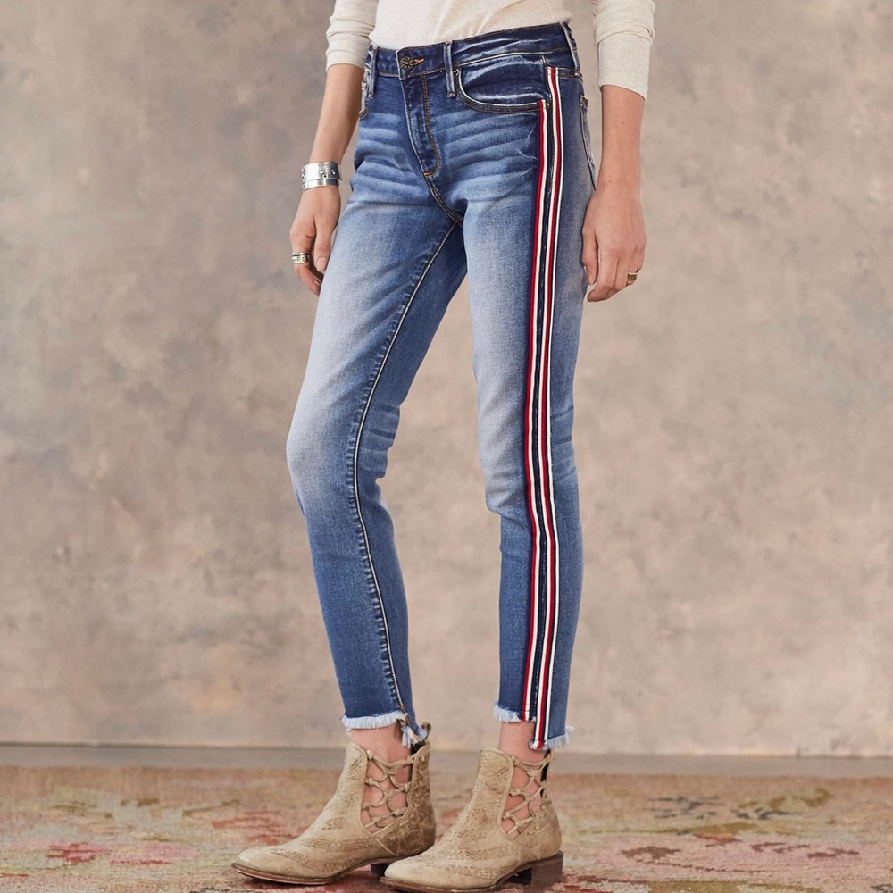 Striped-Trim Skinny Jeans - Blue